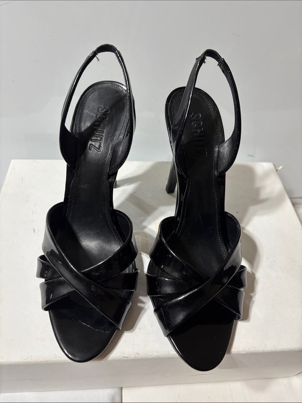 SCHUTZ Keefa Black Patent Crisscross Slingback Stiletto Heels. EUC
